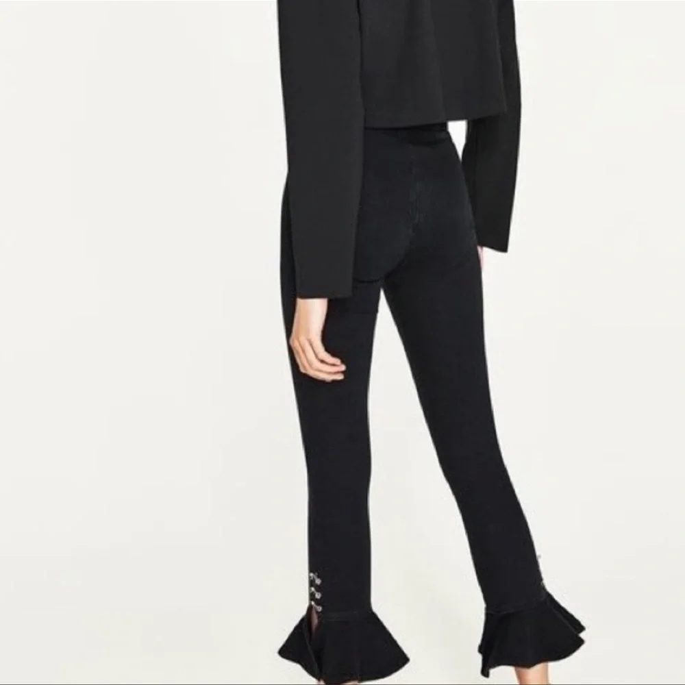 Zara black denim mini flair jeans with metal rings at the bottom - Picture 7 of 10